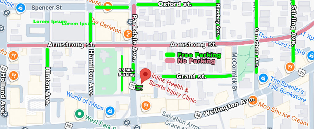Map showing clinic location, free street parking, no parking zones, and entrance for Inline Health & Sports Injury Clinic