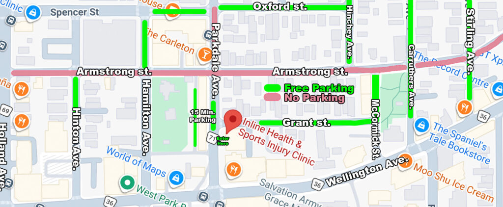 Map showing clinic location, free street parking, no parking zones, and entrance for Inline Health & Sports Injury Clinic